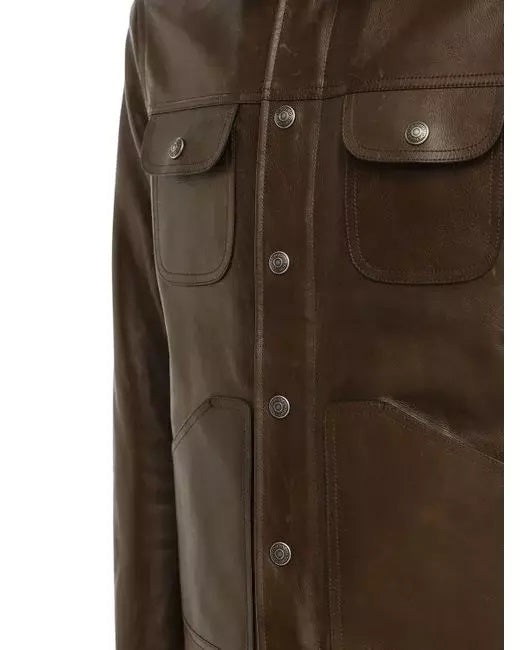Men's Brown Shearling-Collar Leather Jacket