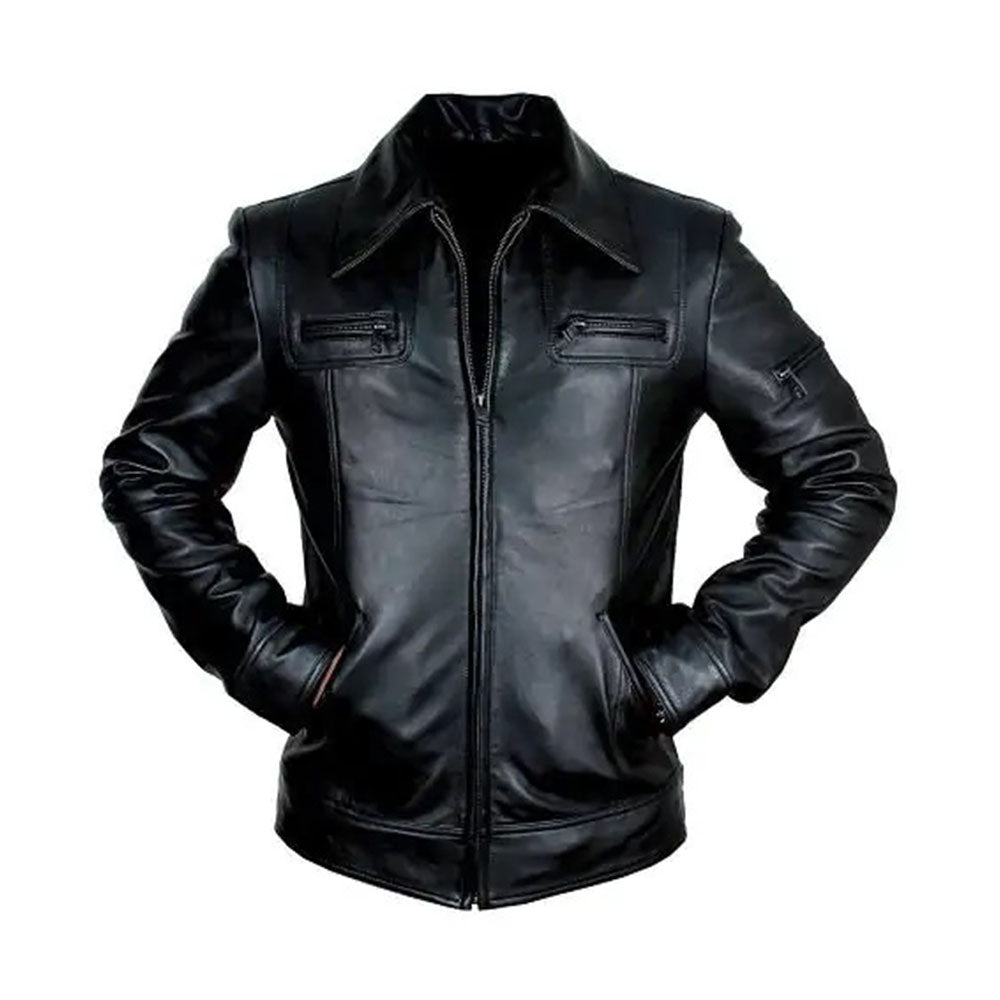 Men's Black Leather Classic-Collar Jacket