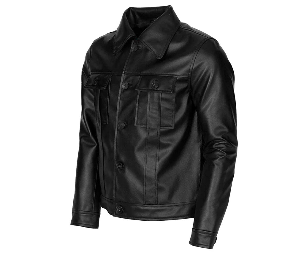 Men's Black Button-Front Leather Trucker