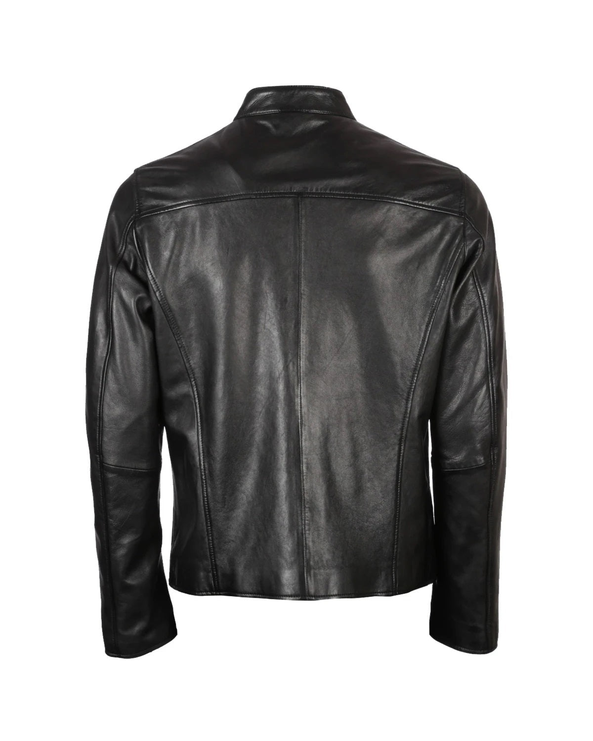 Men's Band-Collar Black Leather Biker Jacket