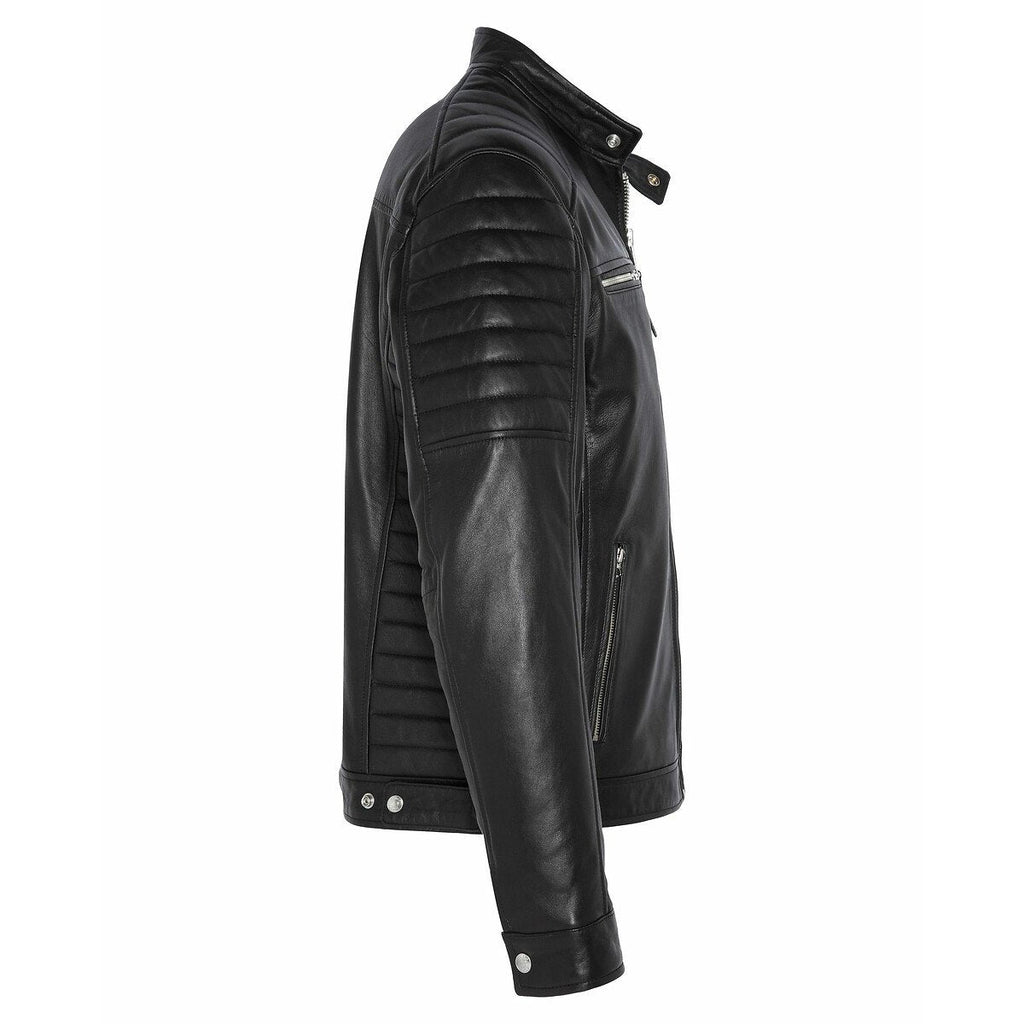 Men's Quilted-Shoulder Black Leather Jacket