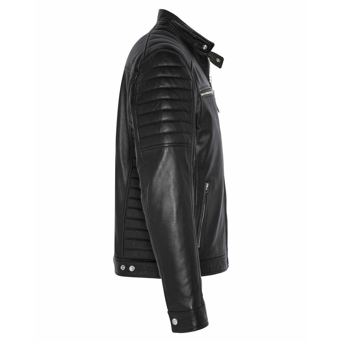 Men's Quilted-Shoulder Black Leather Jacket