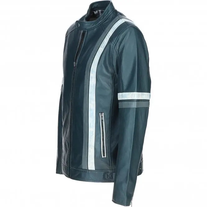 Men's Striped Leather Racer Jacket | Black & Blue