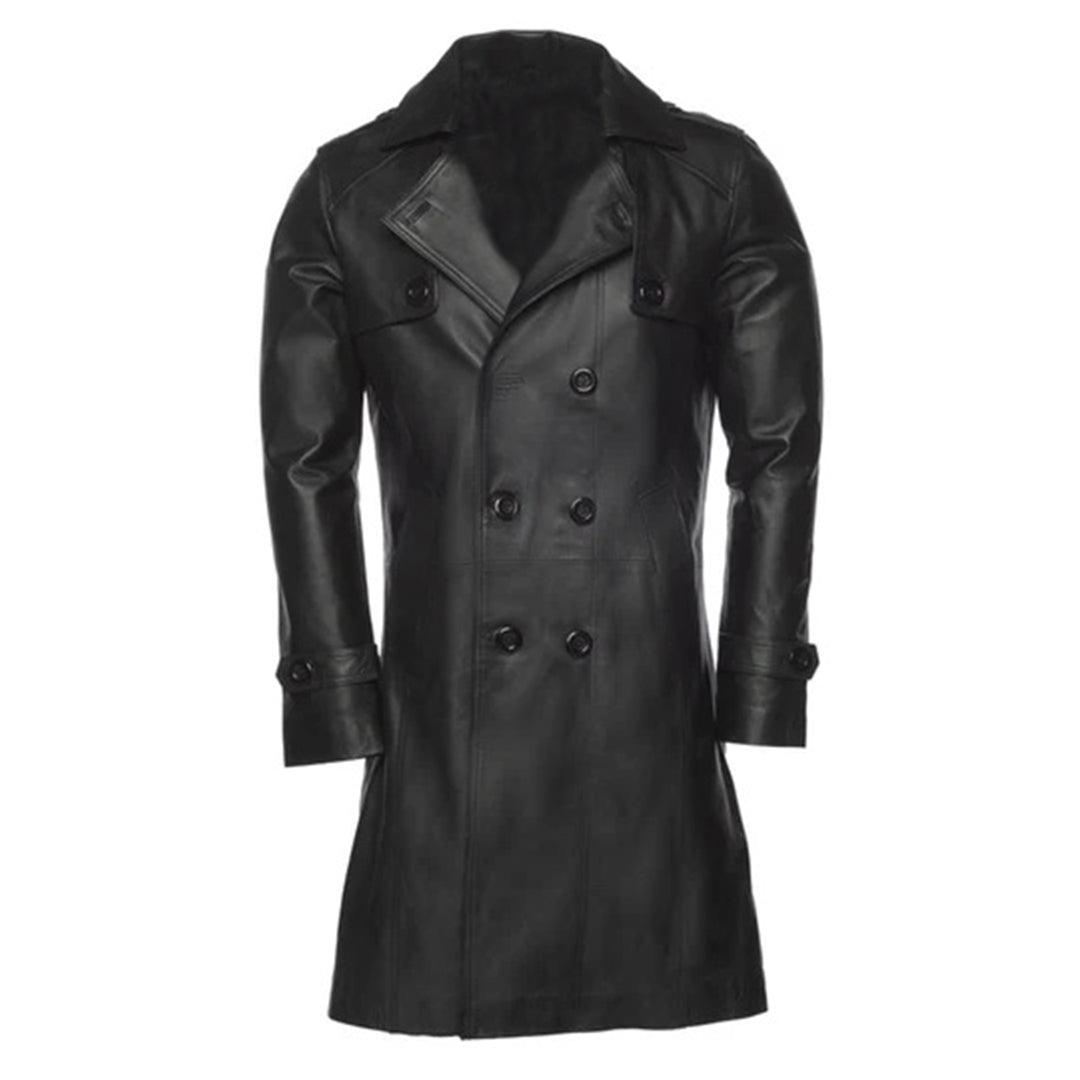 Men's Black Double-Breasted Leather Coat