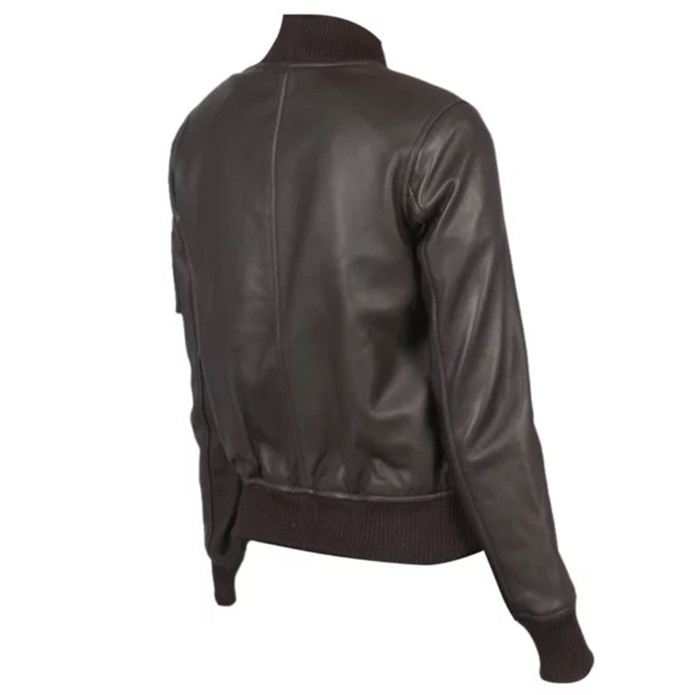 Women's Brown Leather Sleeve-Pocket Bomber