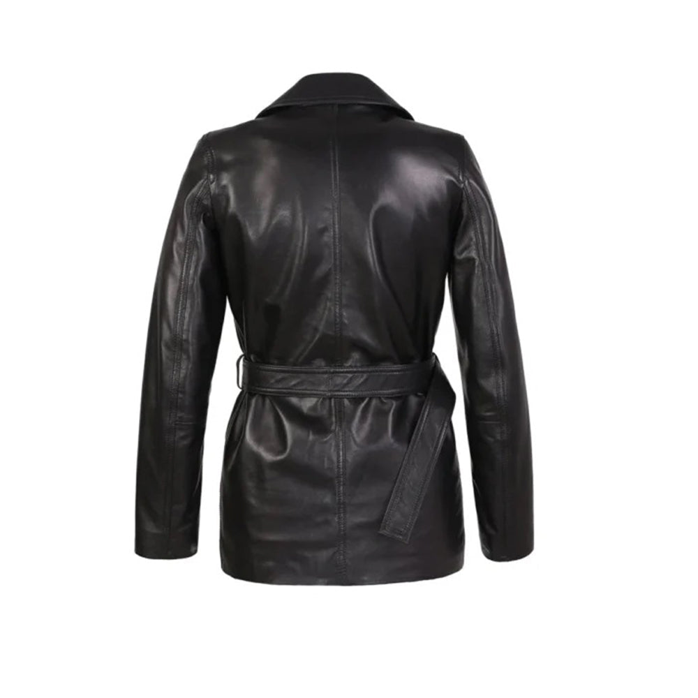 Women's Belted Double-Breasted Leather Coat