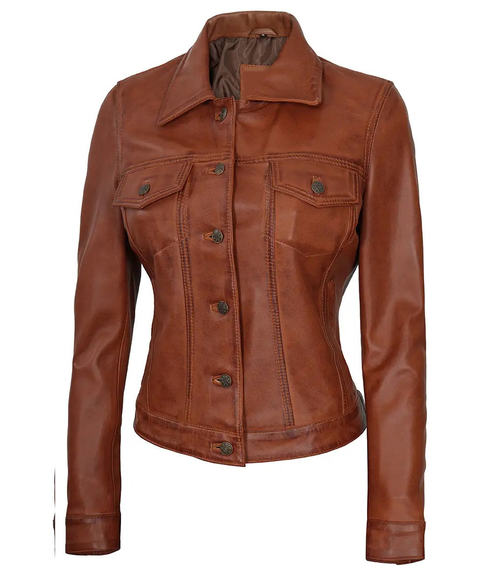 Women's Brown Leather Button-Front Trucker
