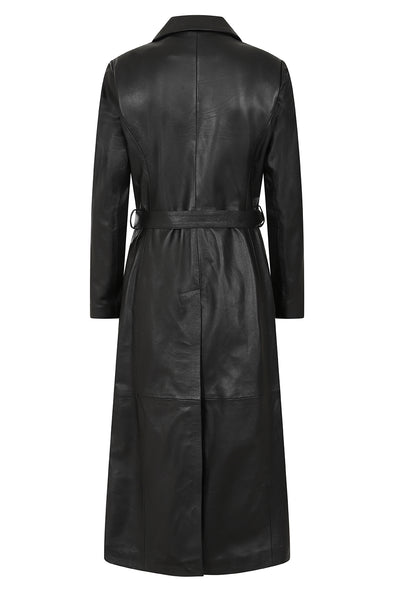 Women's Long Black Leather Trench Coat
