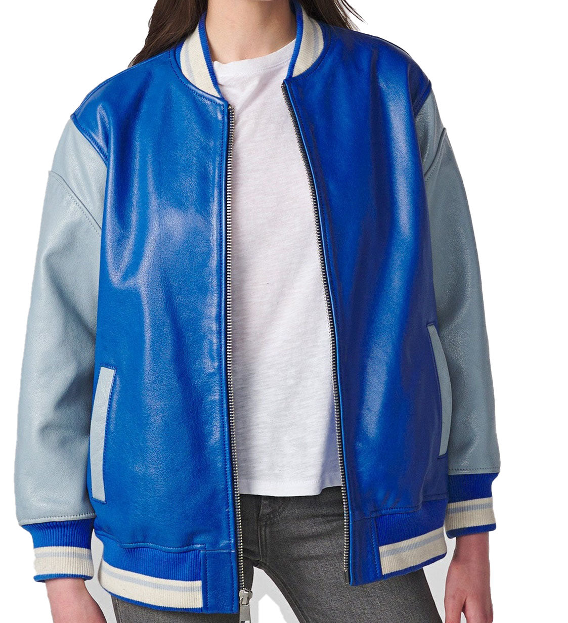 Women's Blue Suede Varsity Jacket
