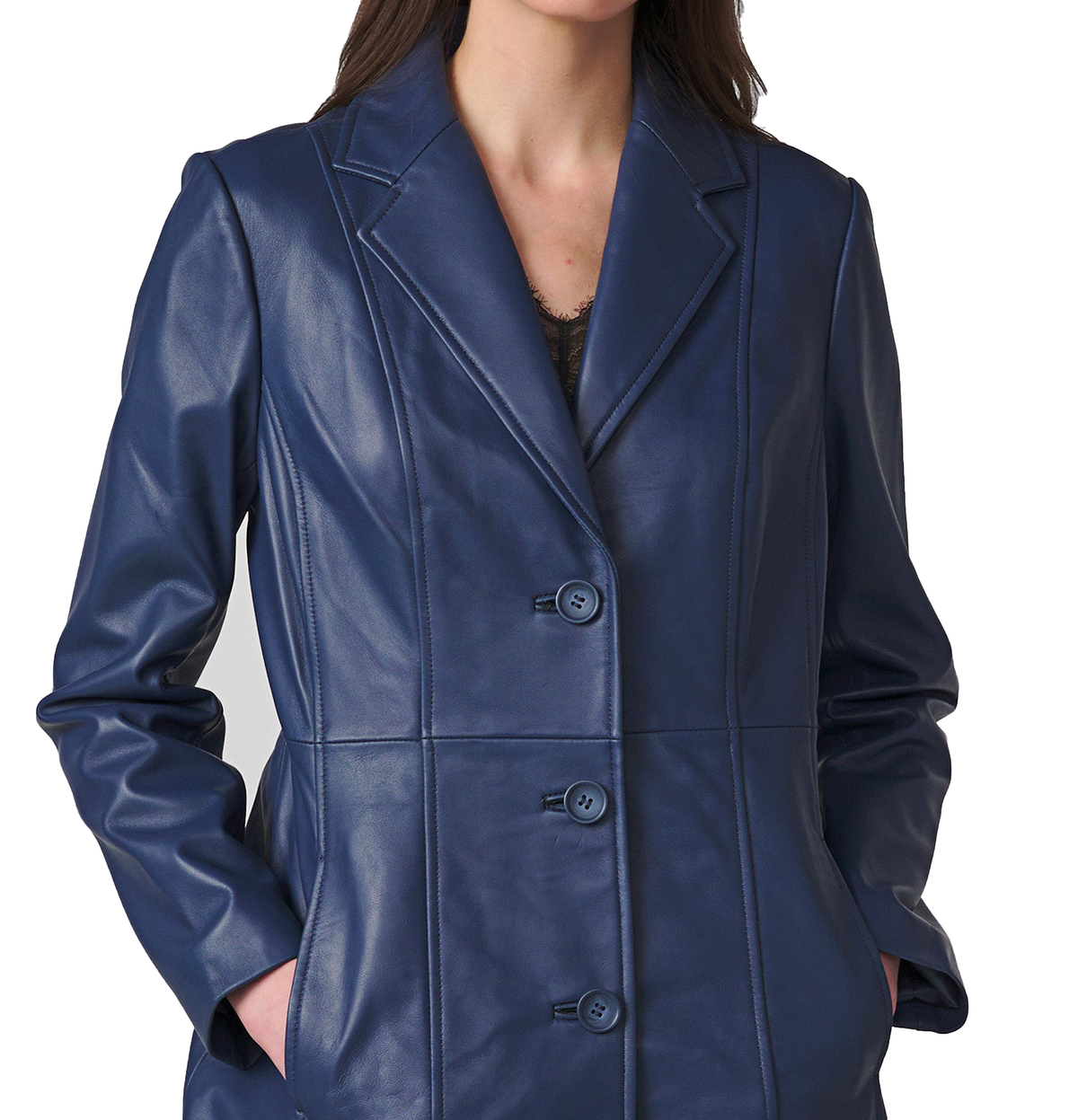 Women's Blue Single-Breasted Leather Coat