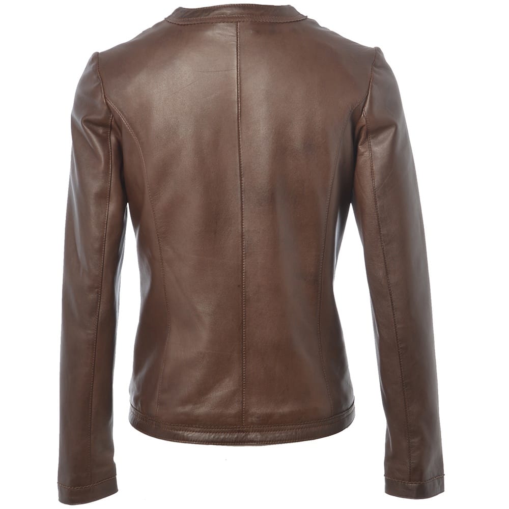 Women's Brown Collarless Leather Moto Jacket