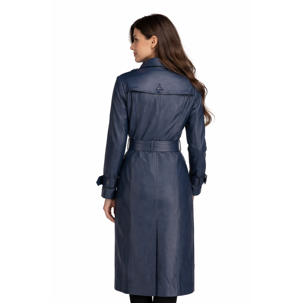 Women's Blue Leather Double-Breasted Trench