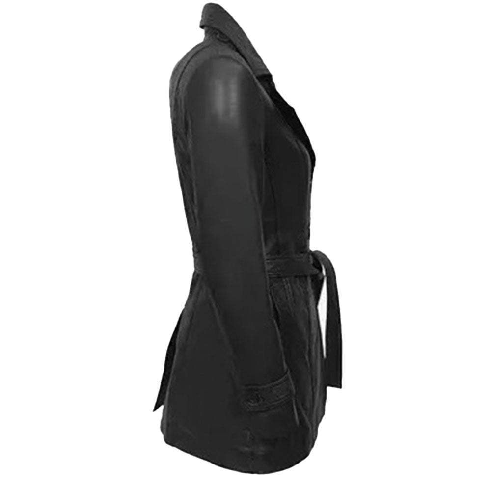 Women's Belted Three-Quarter Leather Coat