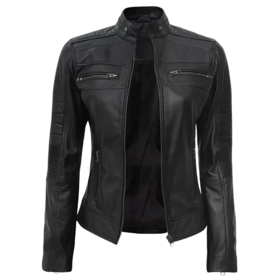 Women's Padded Leather Cafe Racer Jacket