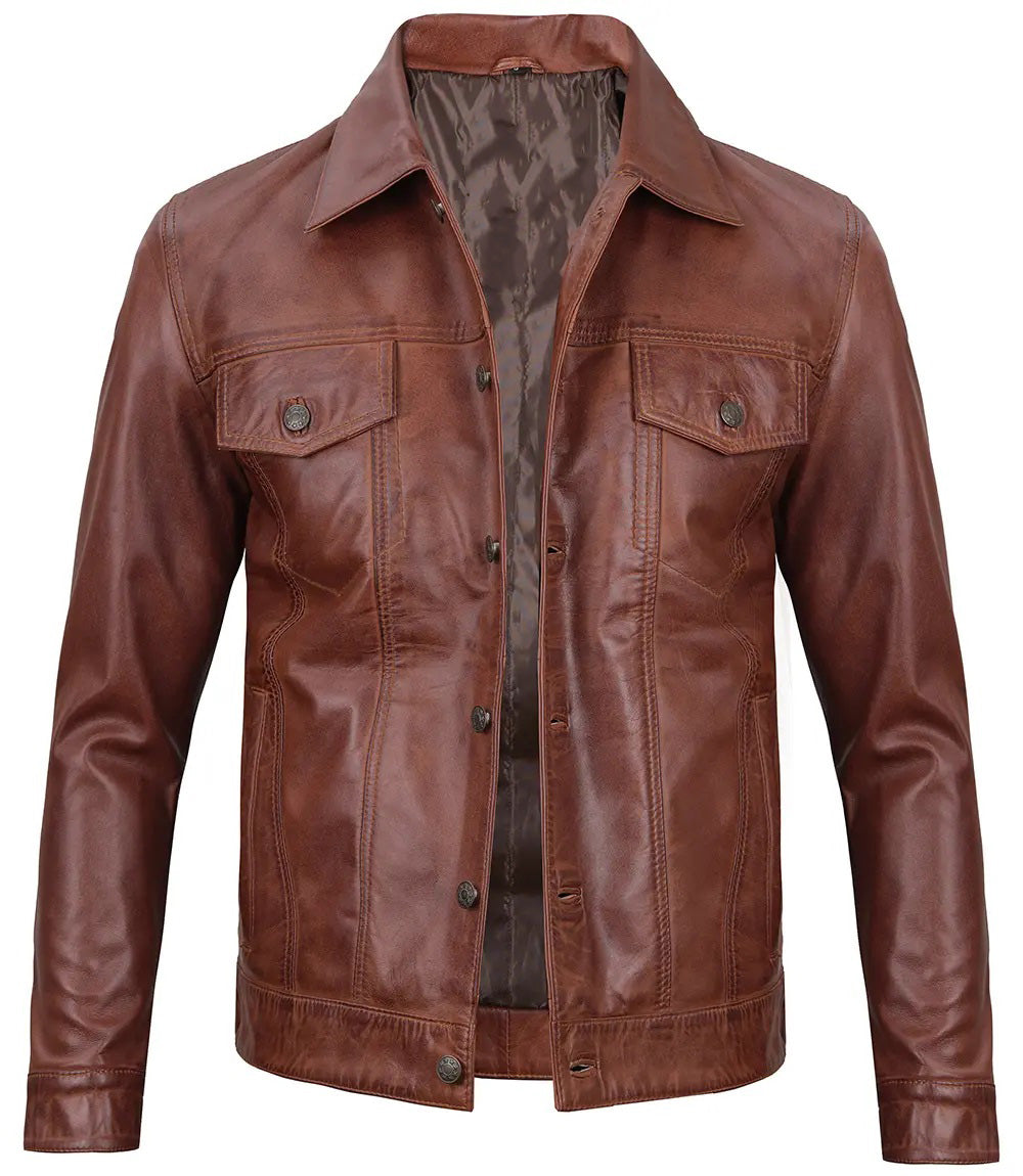 Men's Brown Leather Casual Zip Jacket