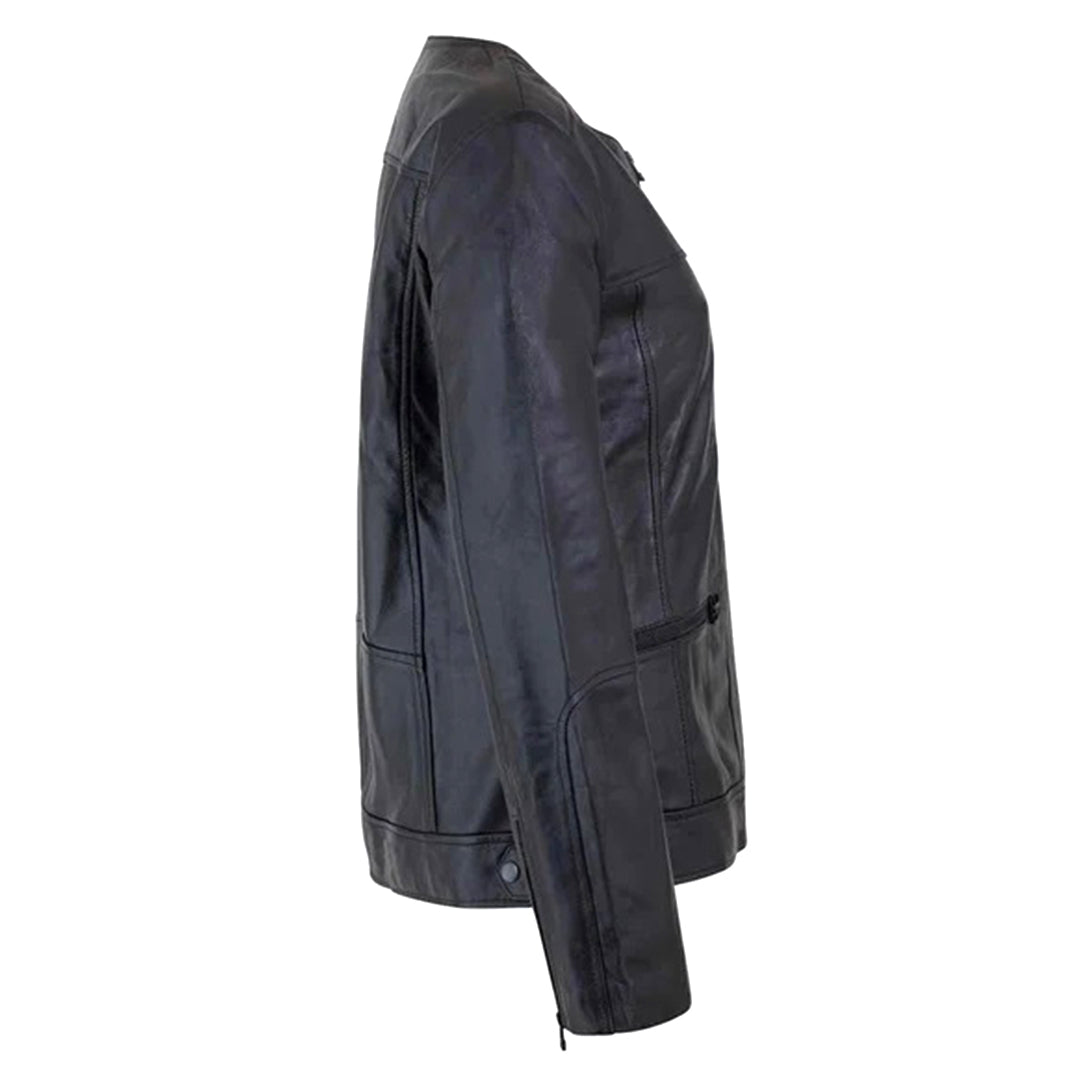 Women's Collarless Black Leather Jacket