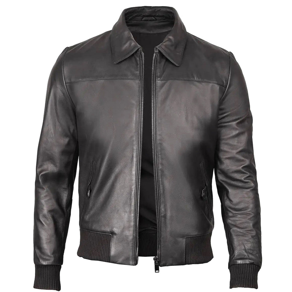 Men's Ribbed-Trim Black Leather Bomber