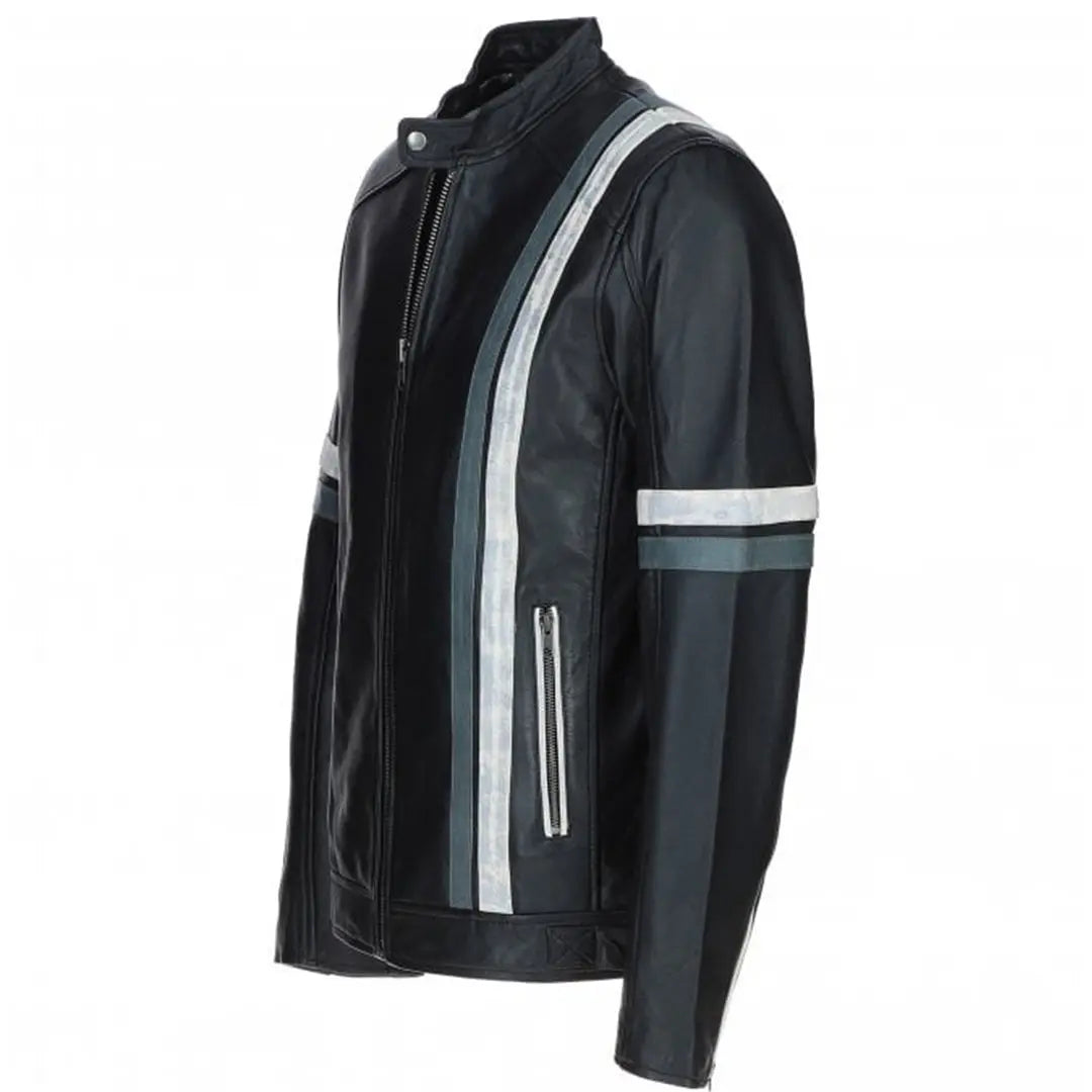 Men's Striped Leather Racer Jacket | Black & Blue
