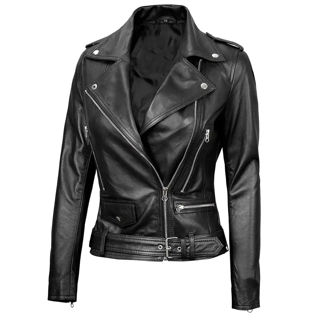 Women's Black Leather Belted Moto Jacket