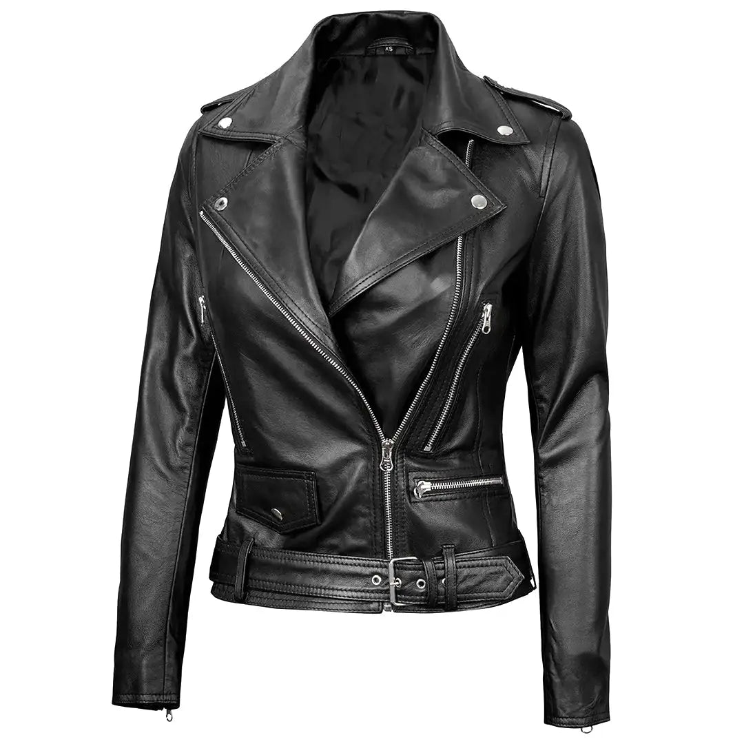 Women's Black Leather Belted Moto Jacket