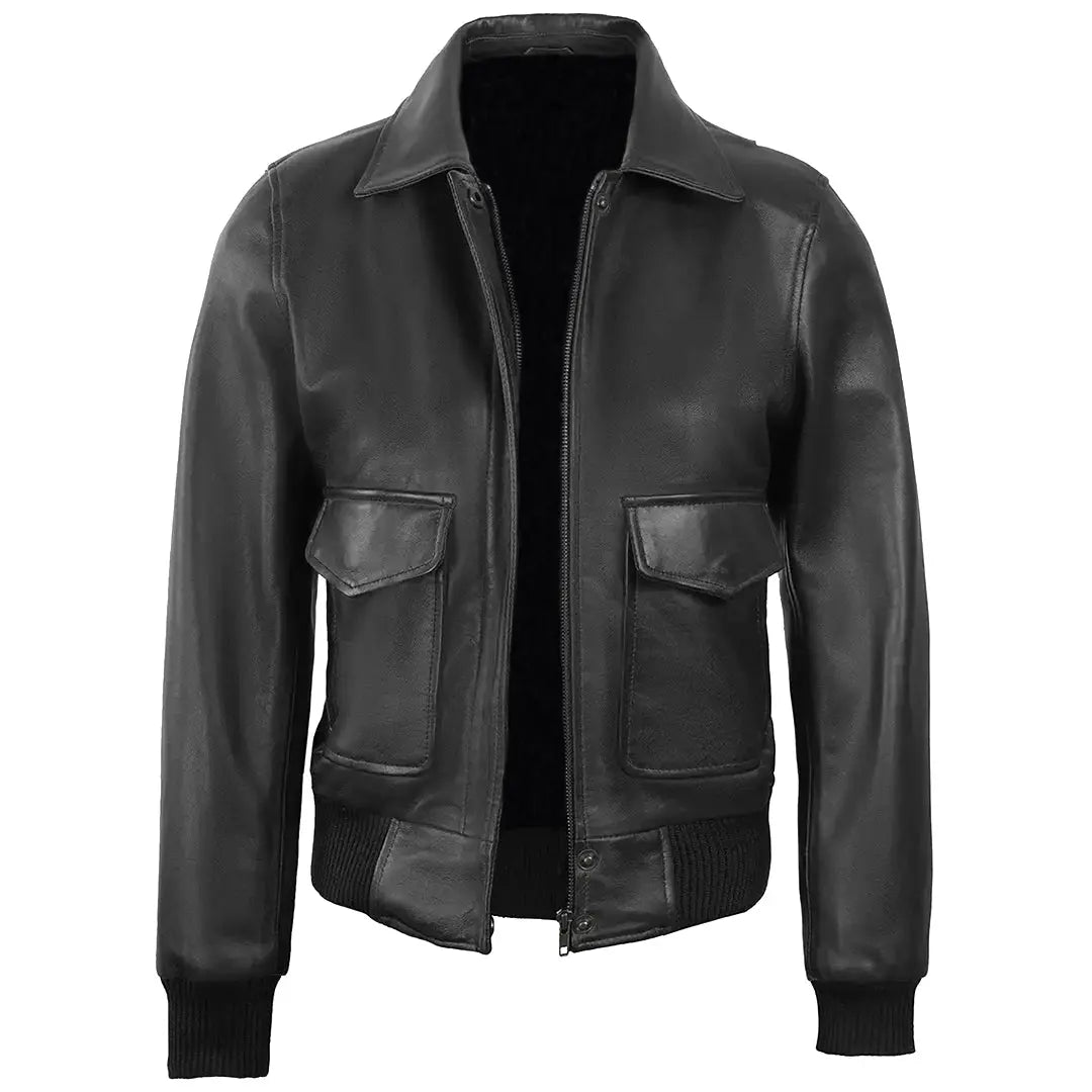 Women's Black Leather Bomber Jacket