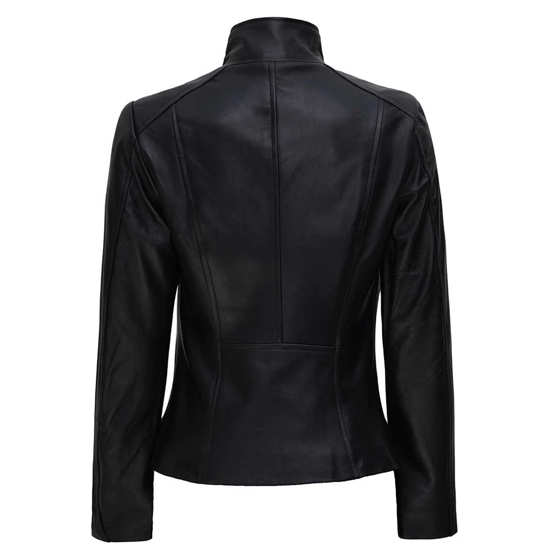 Women's High-Collar Black Leather Jacket