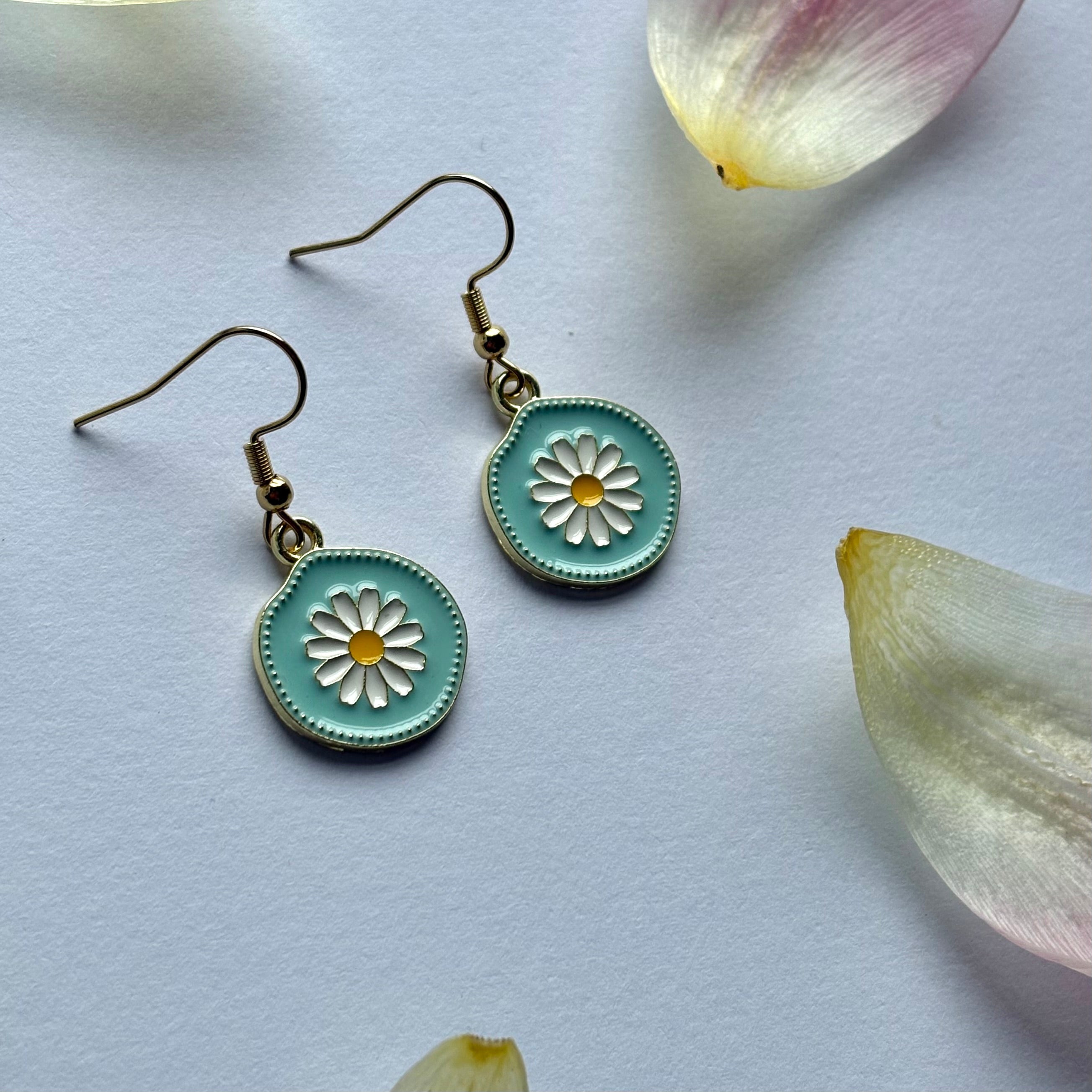 Blue and white daisy gold earrings in circle on 18k gold plated hooks