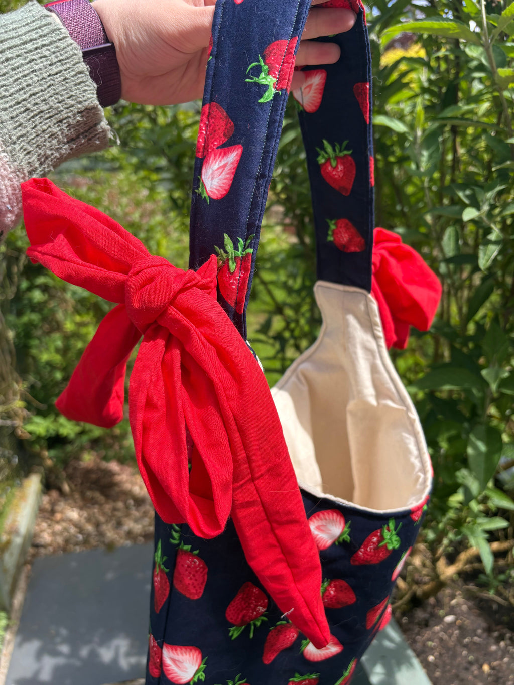 Handmade navy blue red strawberry coquette padded tote bag with bows