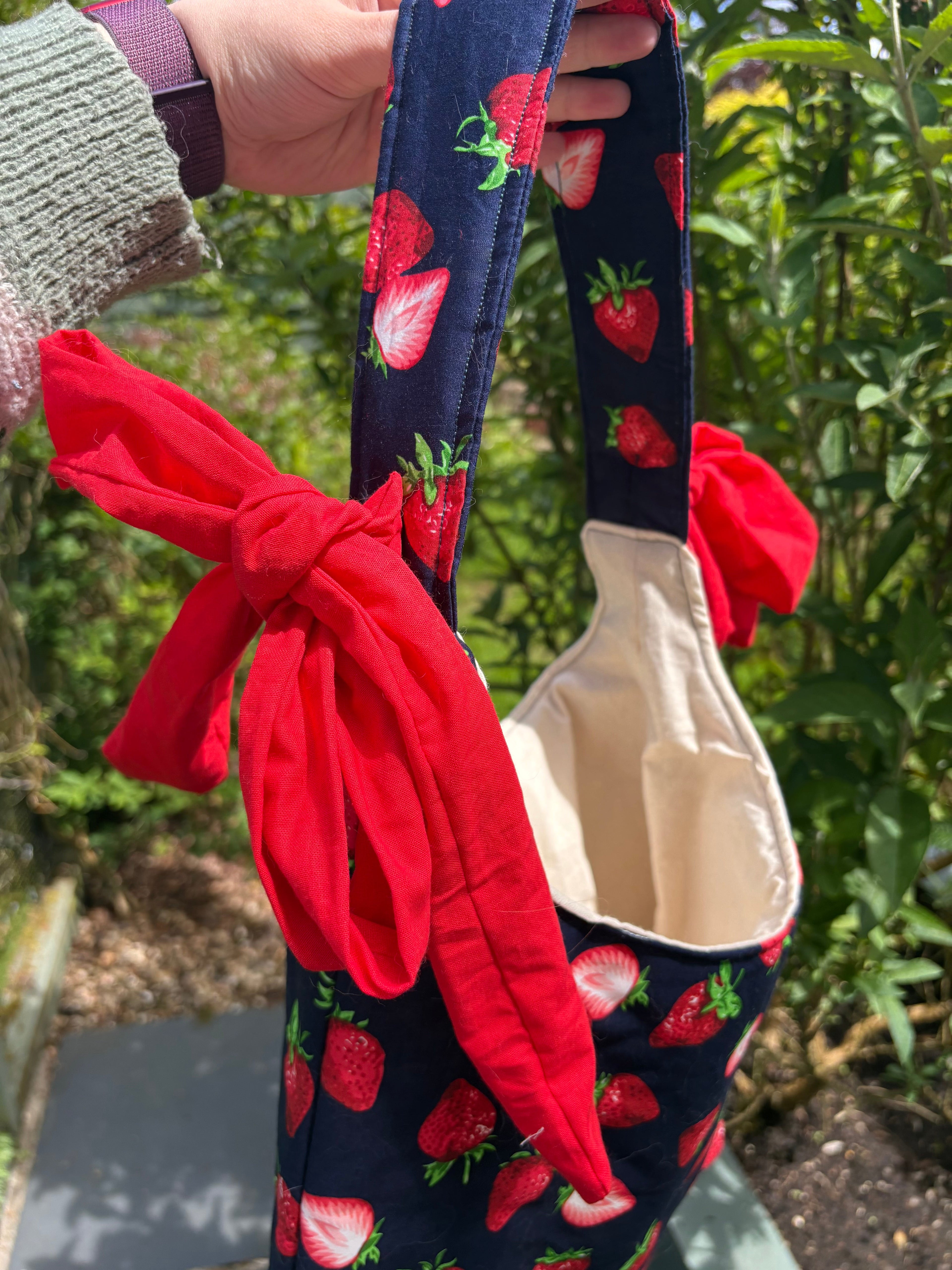Handmade navy blue red strawberry coquette padded tote bag with bows