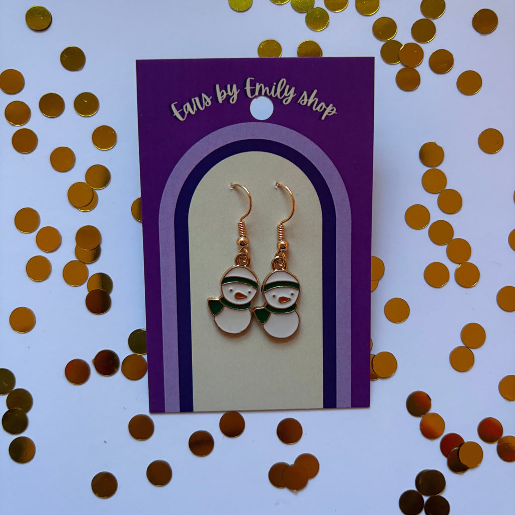 Gold and white Christmas duck snowman dangle earrings on gold plated hooks