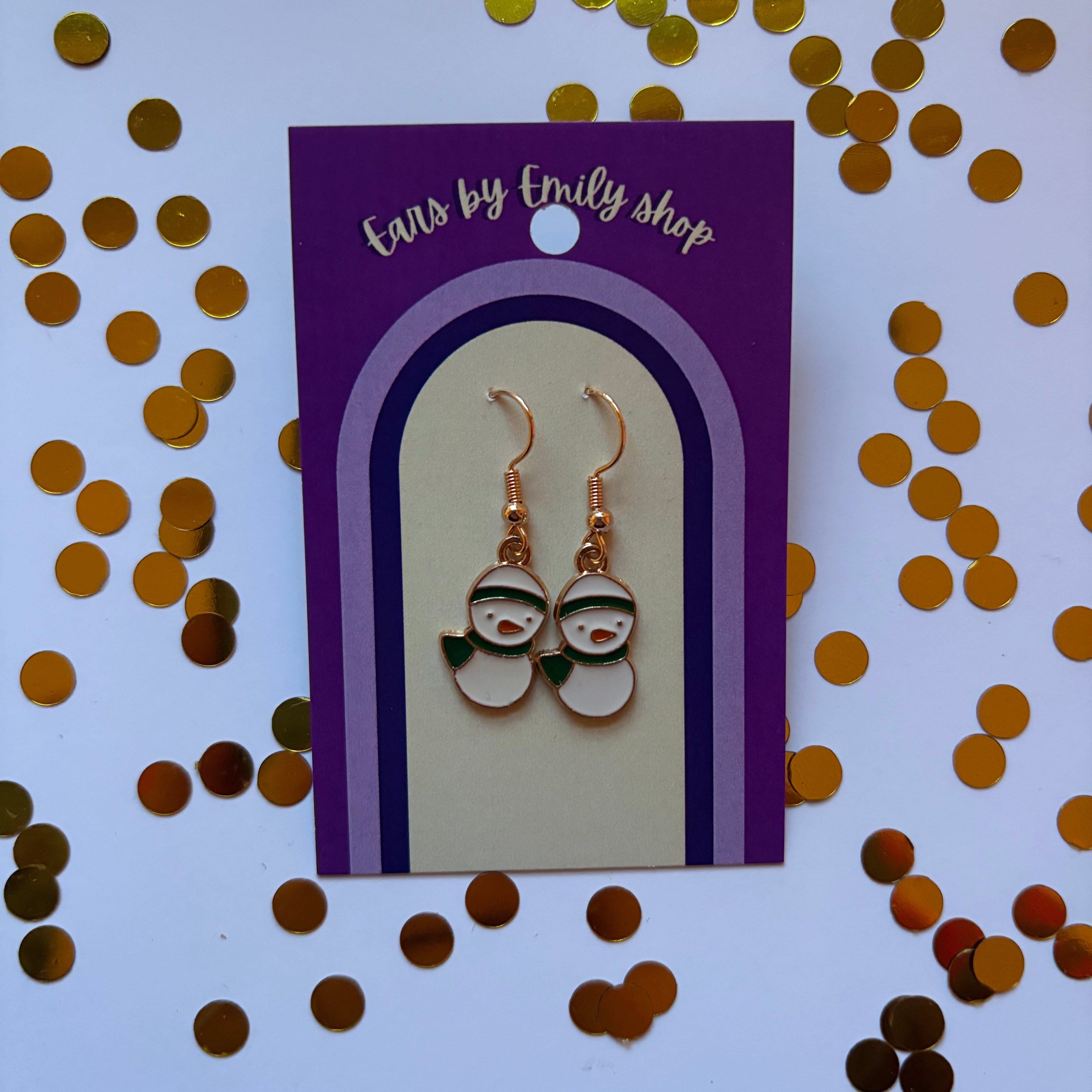 Gold and white Christmas duck snowman dangle earrings on gold plated hooks