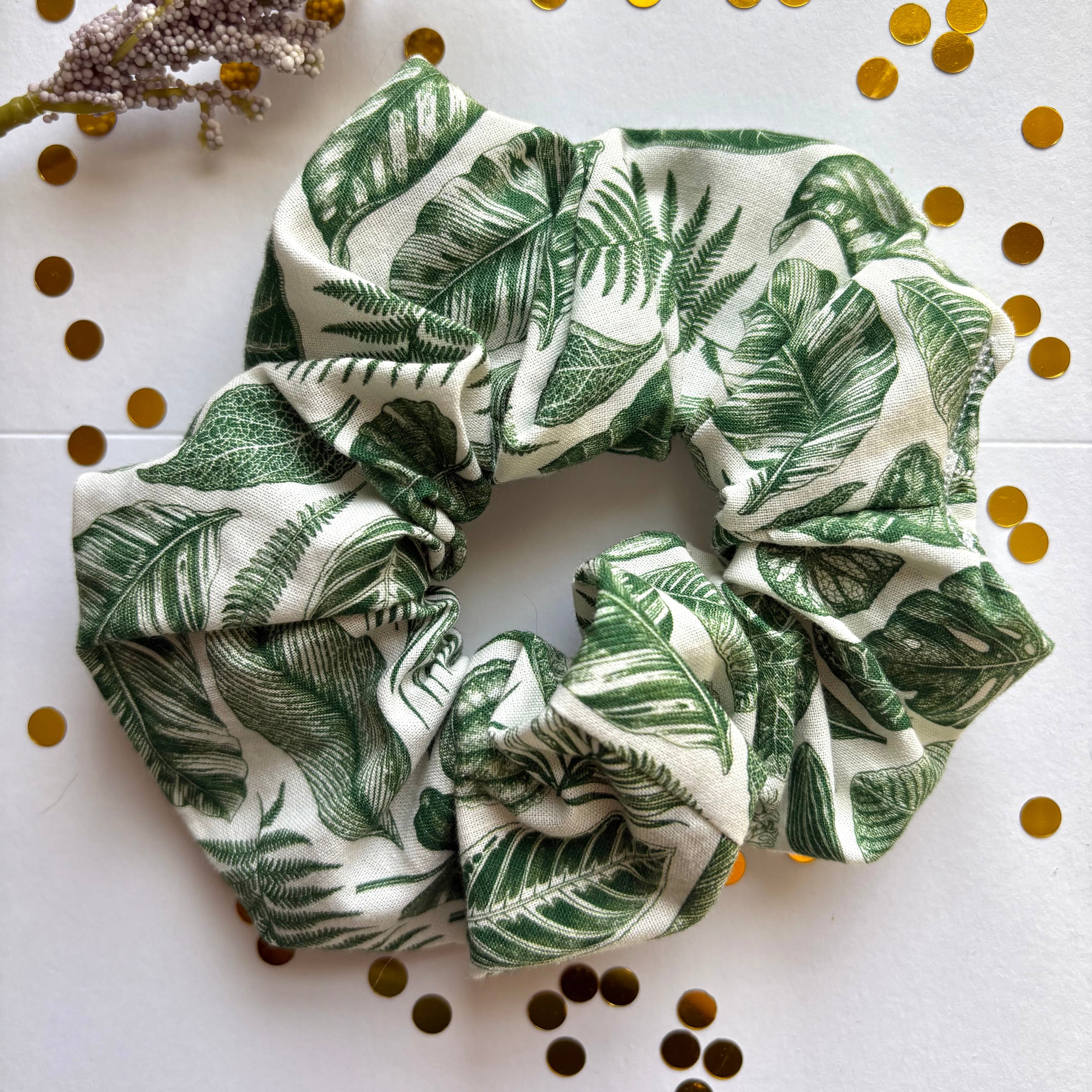 Green and white leaf scrunchie