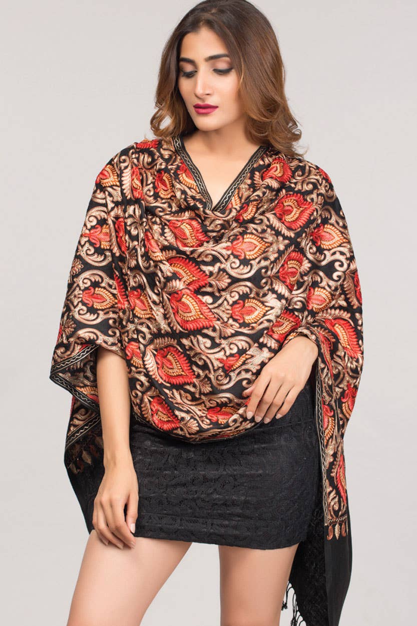 Mandira Embroidered Shawl – 100% Viscose Wool-Feel, Black with Red & Gold Paisley, 72"×28" | Kashmir-Inspired Winter Wrap/Stole