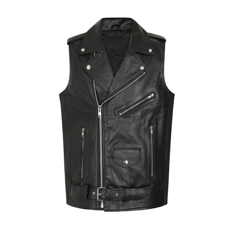 Men's Black Belted Leather Biker Vest