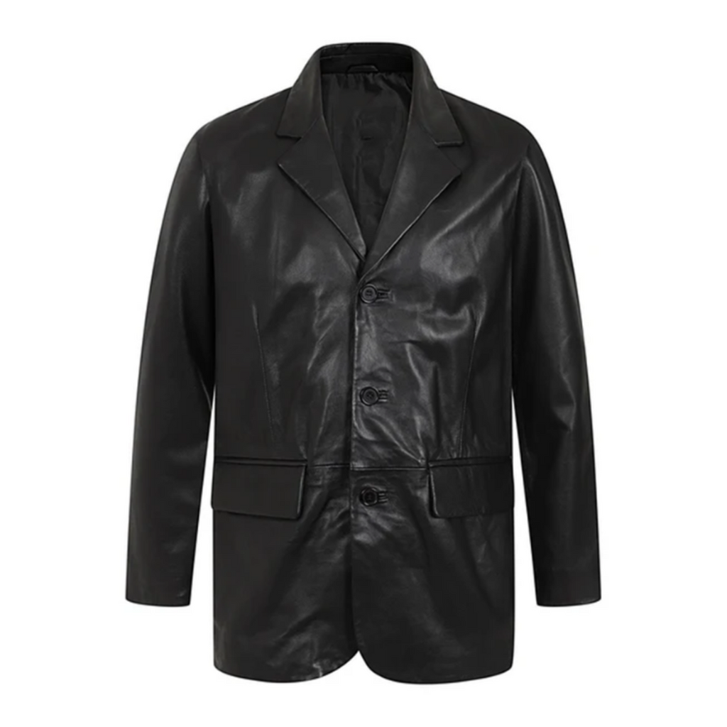Men's Black Three-Button Leather Blazer