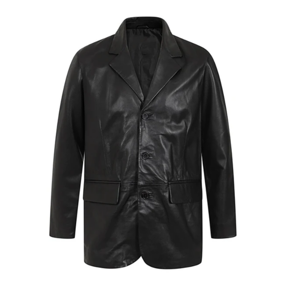 Men's Black Three-Button Leather Blazer