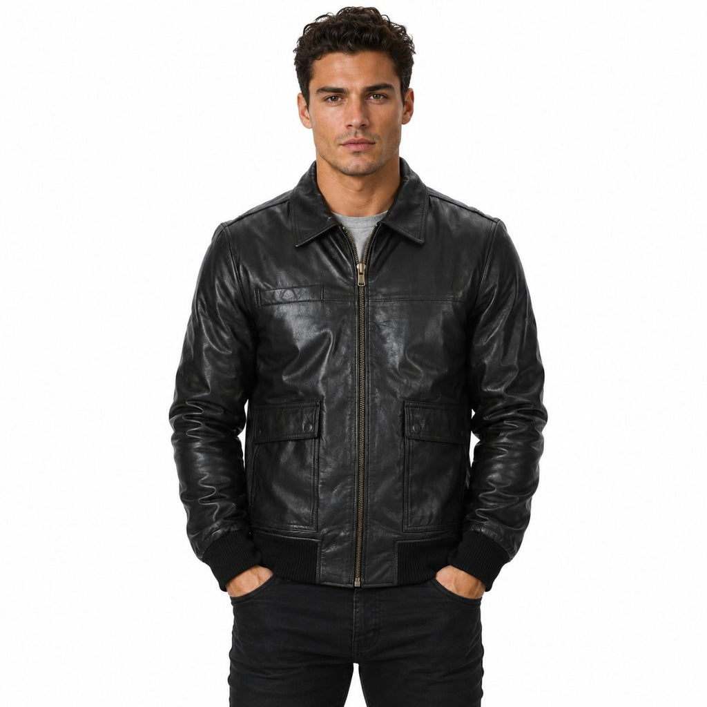 Men's Black Lambskin Shirt-Collar Bomber