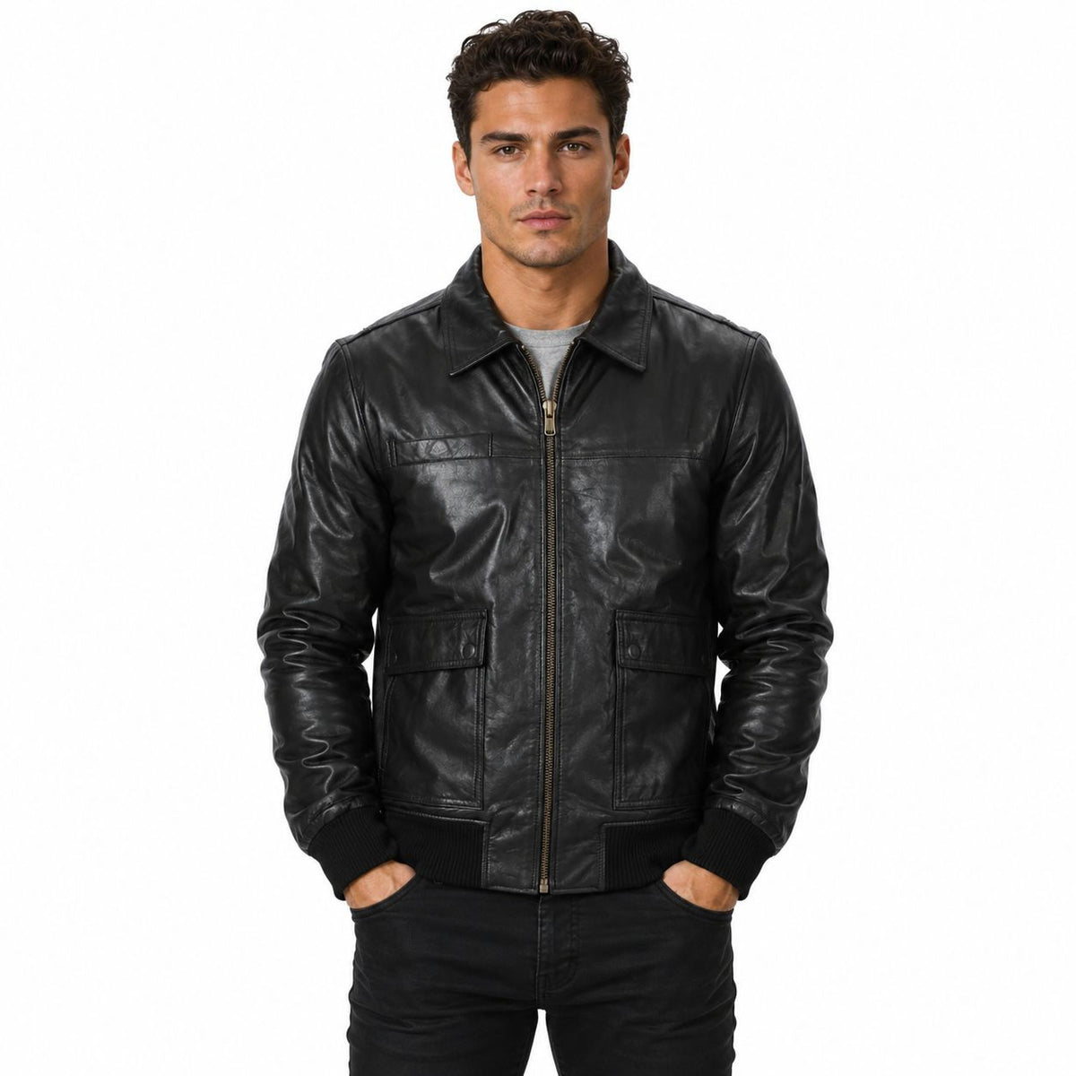 Men's Black Lambskin Shirt-Collar Bomber