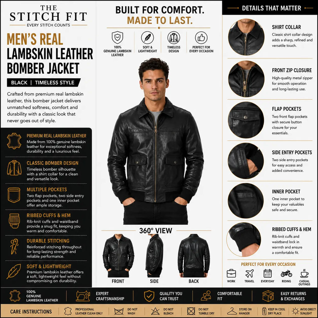 Men's Black Lambskin Shirt-Collar Bomber