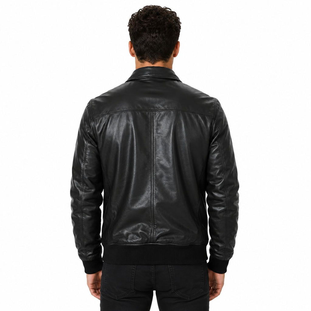 Men's Black Lambskin Shirt-Collar Bomber