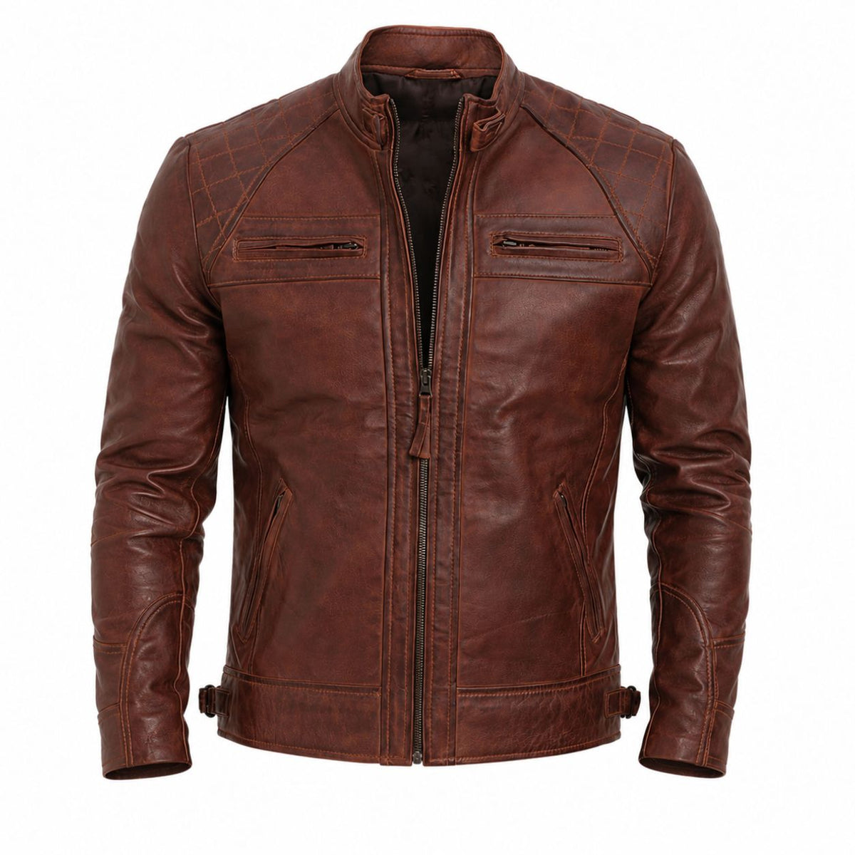 Men's Distressed Biker Leather Jacket | Brown