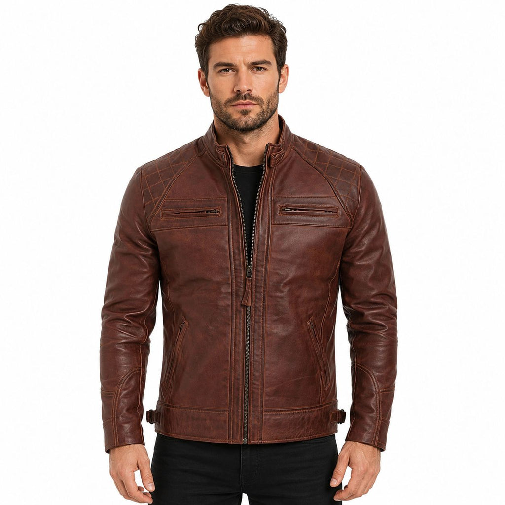 Men's Distressed Biker Leather Jacket | Brown