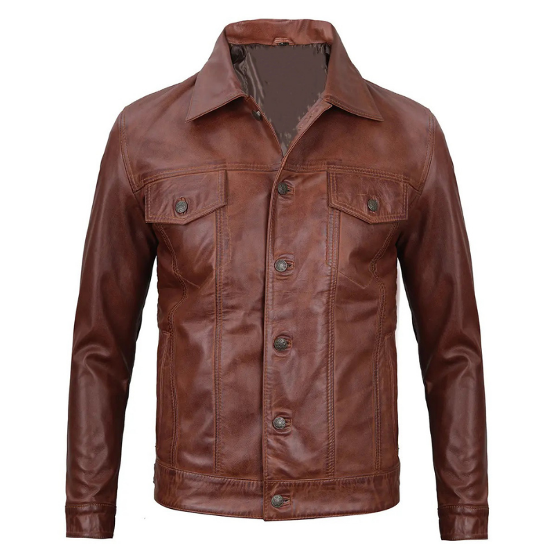 Men's Brown Leather Casual Zip Jacket
