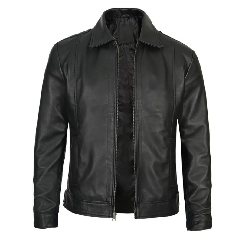 Men's Ribbed-Trim Leather Harrington Jacket