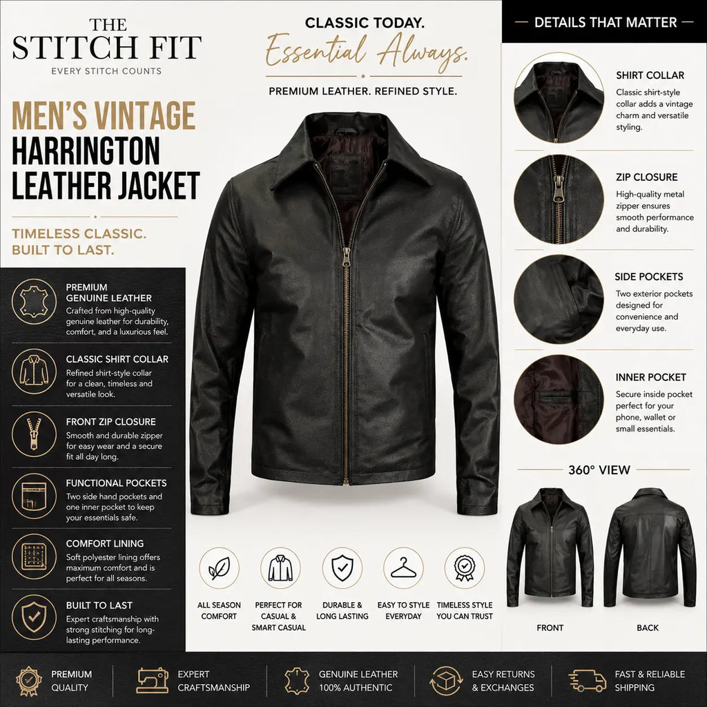 Men's Shirt-Collar Leather Harrington