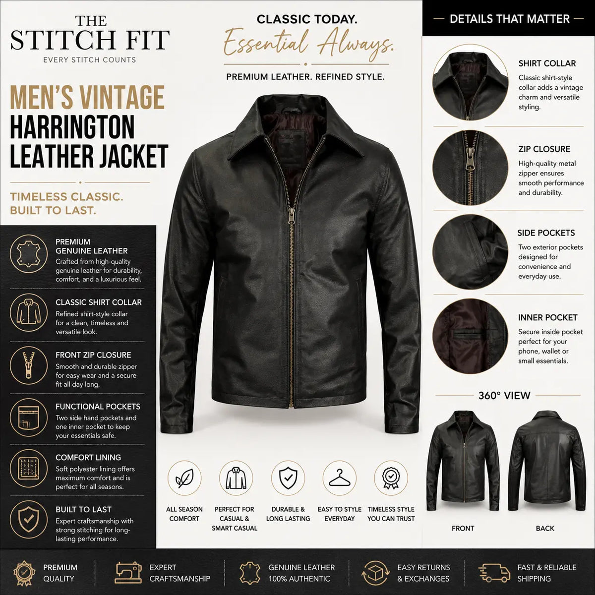 Men's Shirt-Collar Leather Harrington