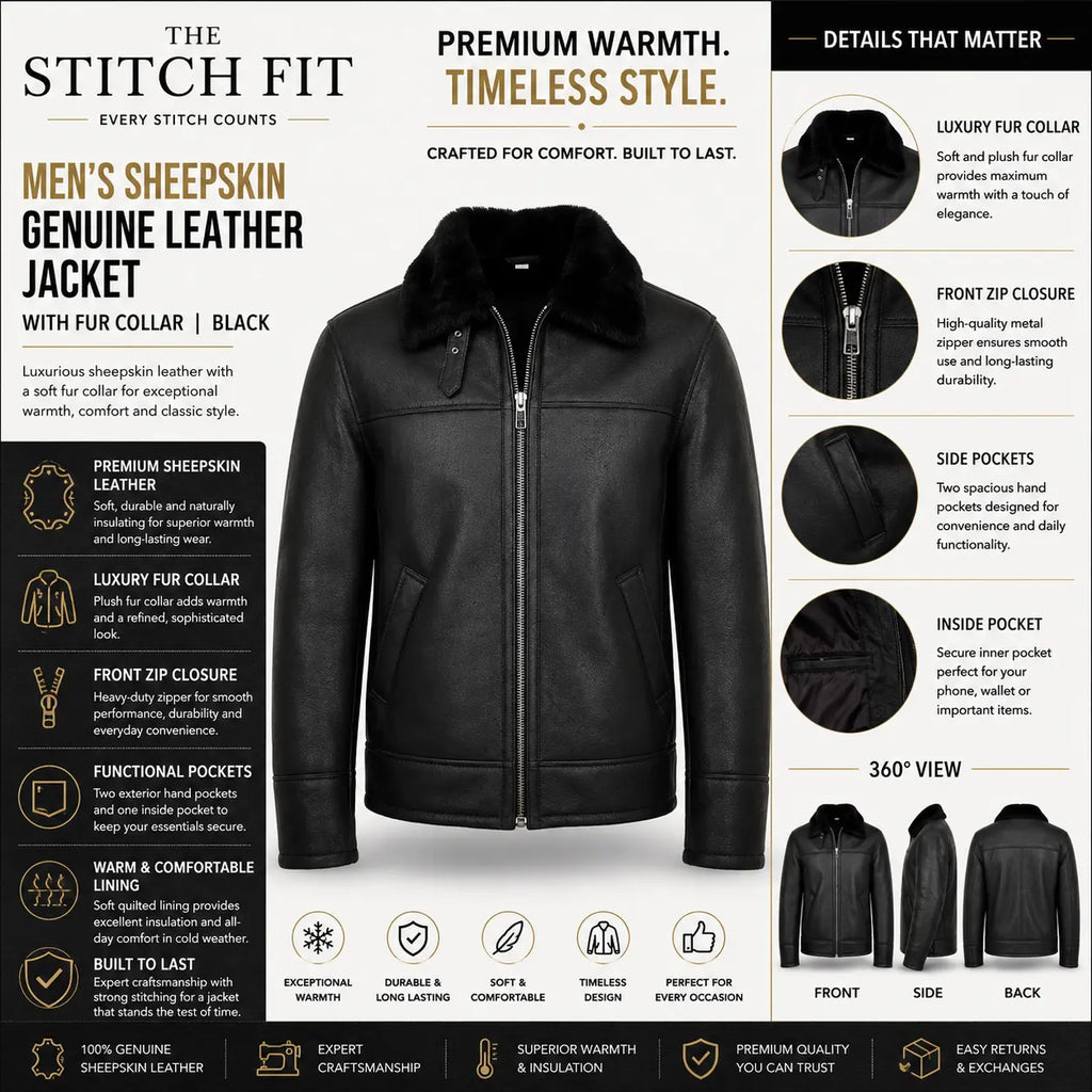 Men's Black Fur-Collar Sheepskin Jacket