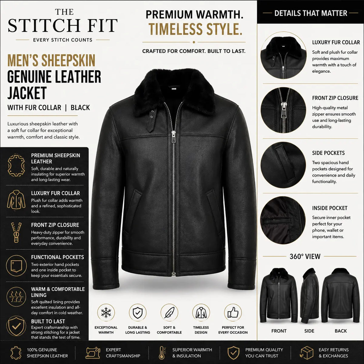 Men's Black Fur-Collar Sheepskin Jacket
