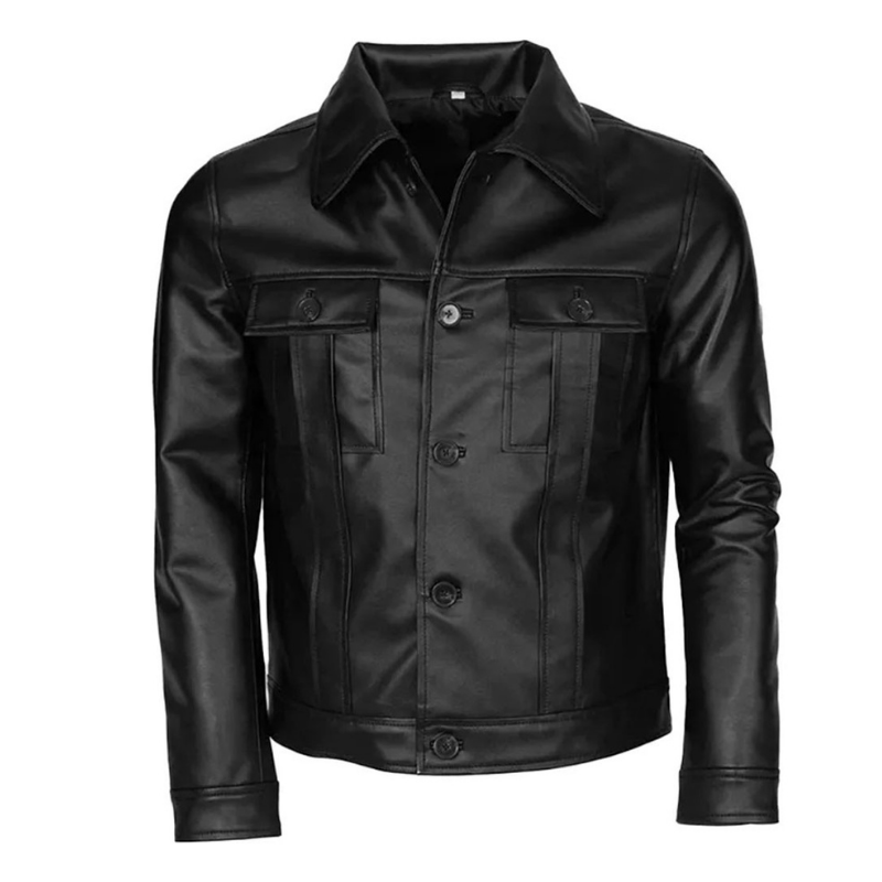 Men's Black Button-Front Leather Trucker