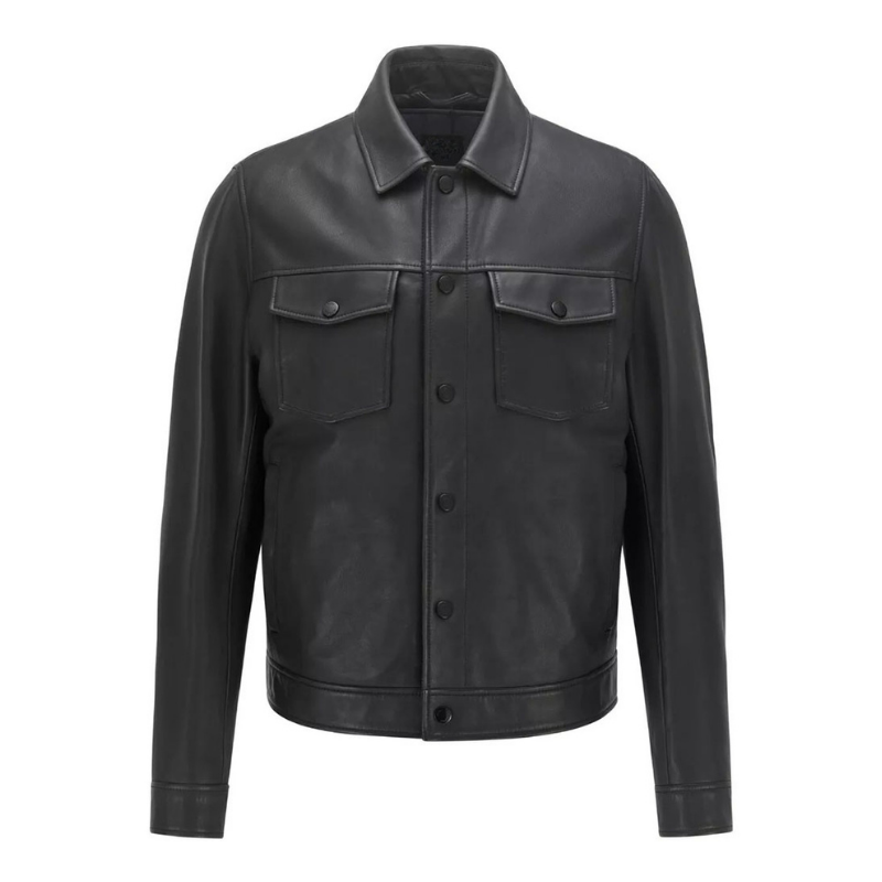 Men's Black Faux Leather Trucker Jacket